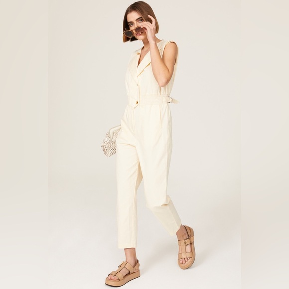 $490 Thakoon Asymmetric Jumpsuit cream white button down overalls romper belted - Picture 2 of 9